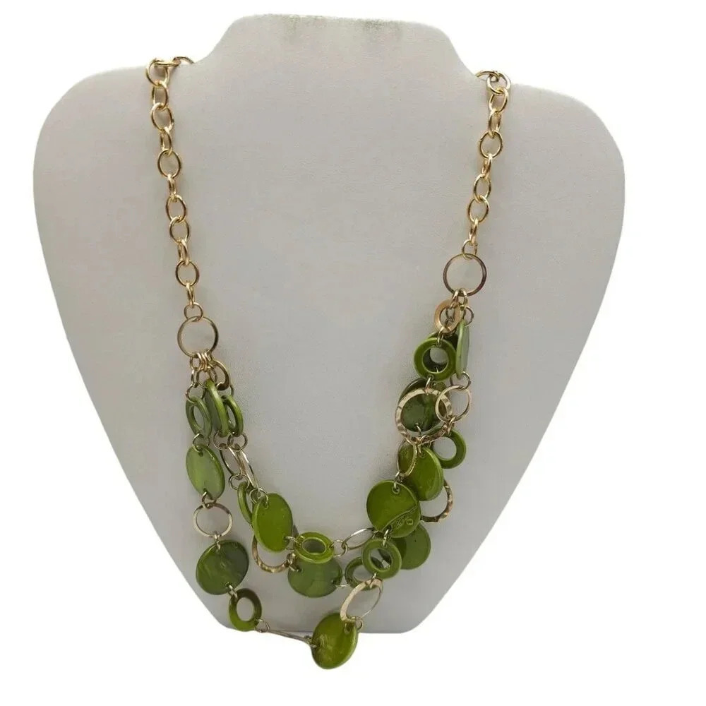 Multi Strand Green Disc Hammered Circle Chain Necklace Gold Tone Vintage